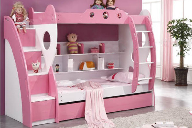 B Shape Pink Bunk Bed Kids Furniture, Pink Bunk Beds